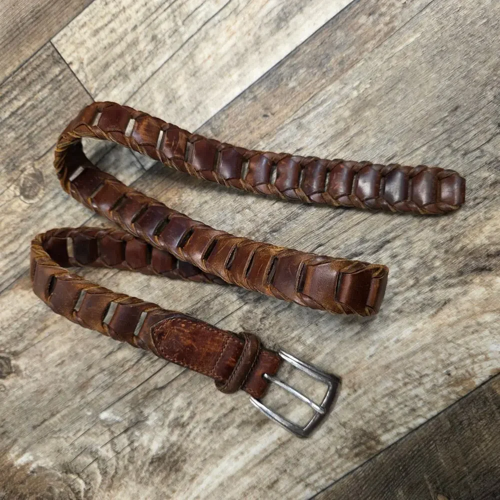 Vintage Brown Woven Leather Belt Boho Western Coastal Boho Distressed